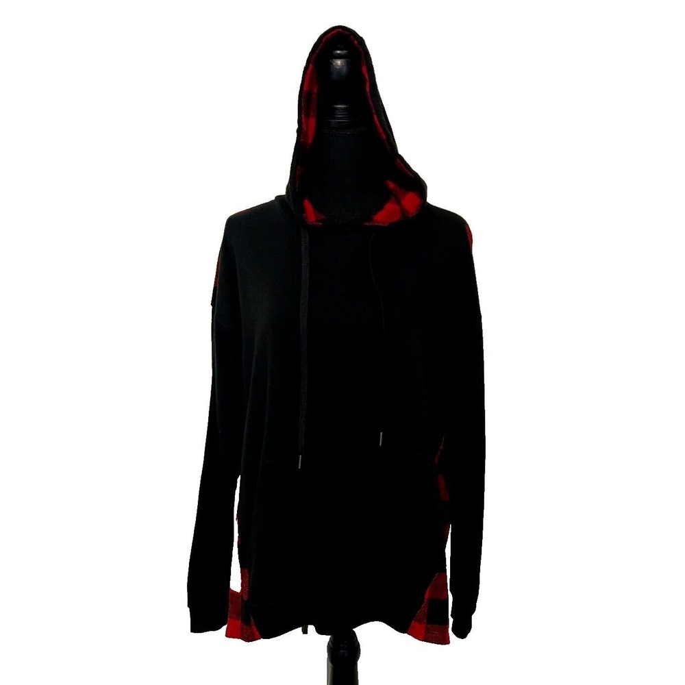 Active Women's Red Black Check‎ Hooded Long Sleeve Drawstring Neck Shirt L